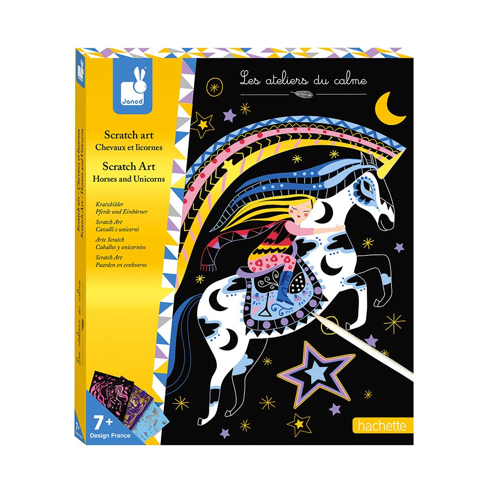Janod - From 7 years old - Creative Kit Scratch Art Horses And Unicorns - Les Ateliers du Calme - Dexterity and Concentration - J07895