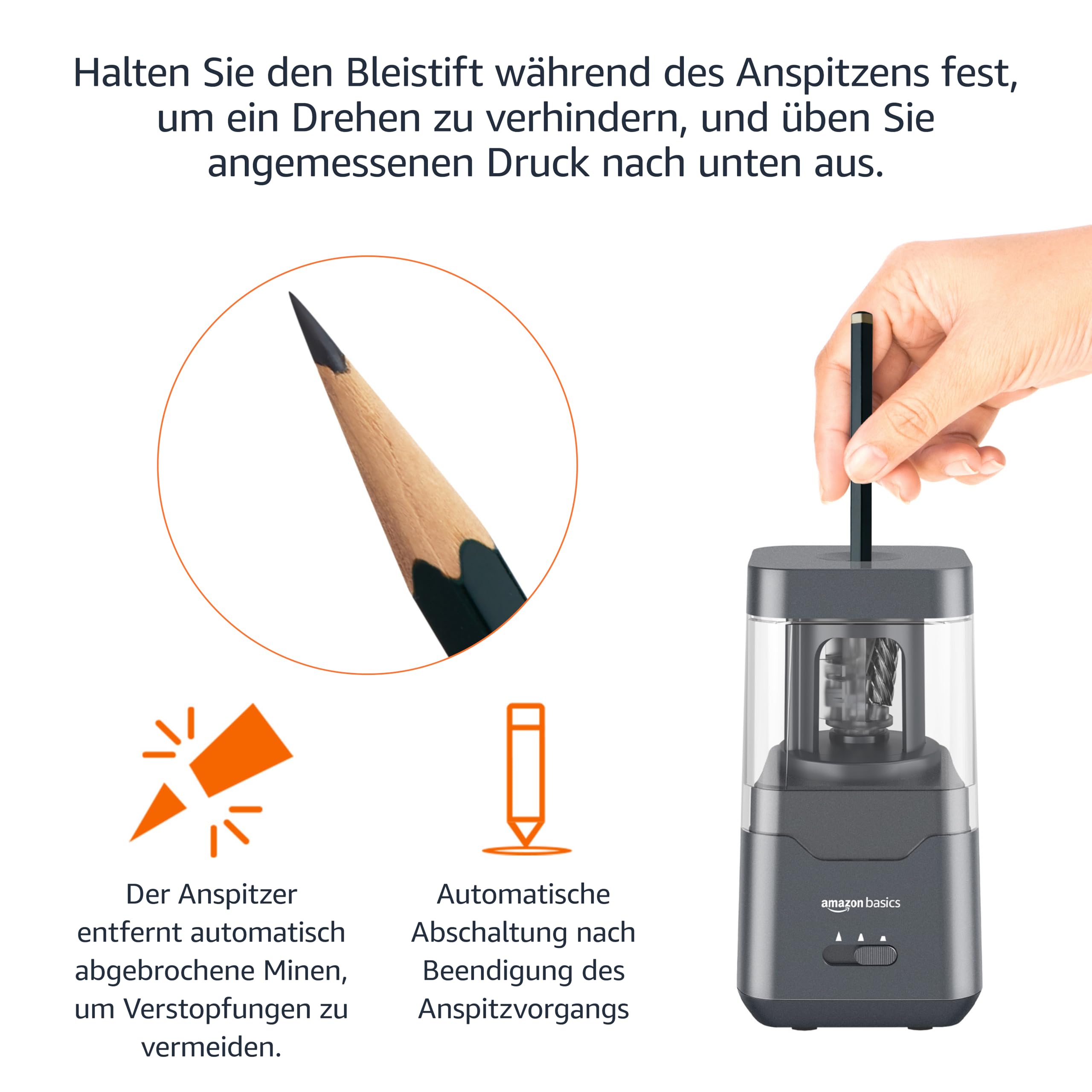 Amazon Basics Tragbarer elektrischer Bleistiftspitzer, spiralförmige Klinge, automatischer Stopp, batterie-/USB-betrieben, Schwarz, 7.1 x 7.1 x 13.46 cm 4