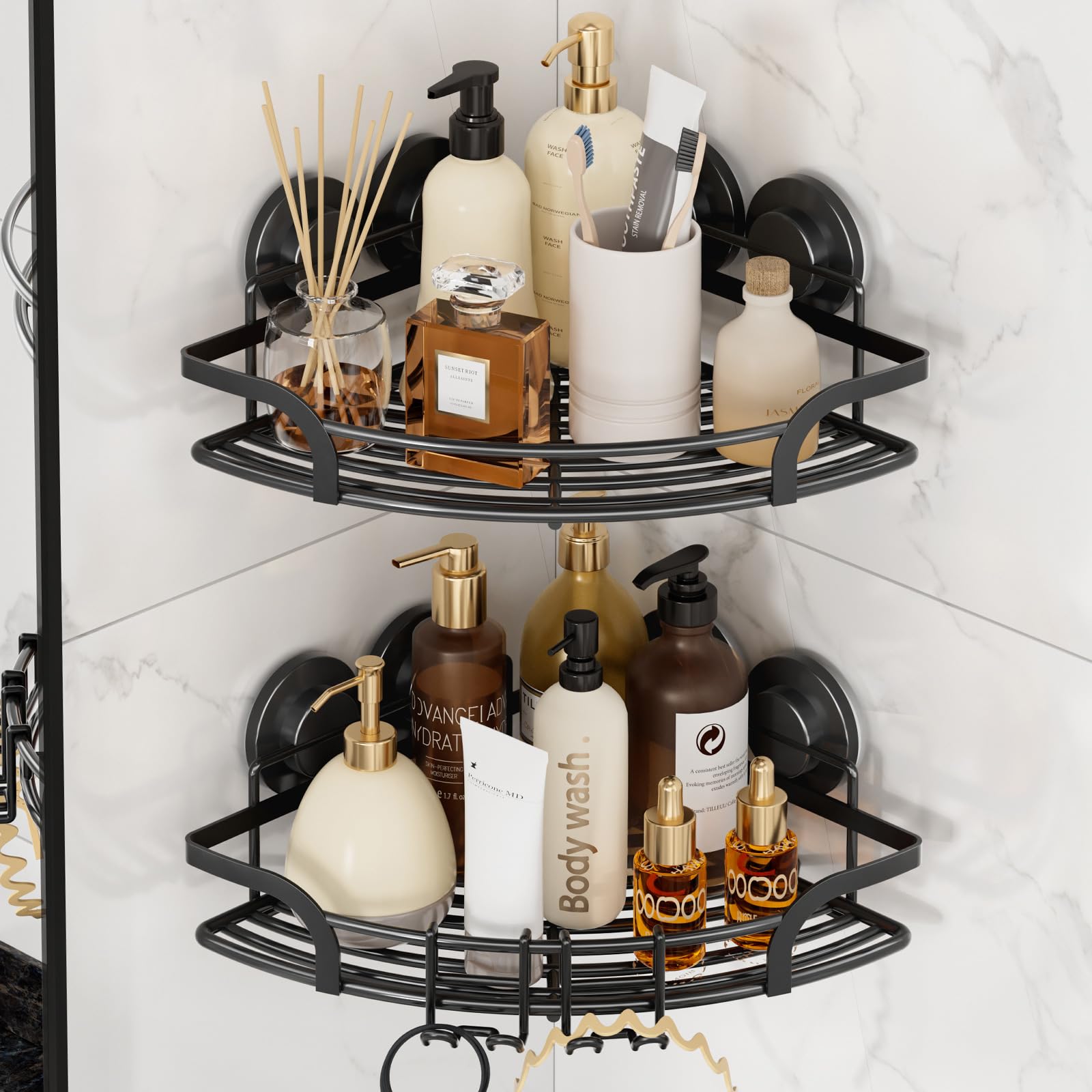 Photo 1 of LEVERLOC 2 Pack Strong Suction Cup Corner Shower Caddy, Large Capacity Removable Bathroom Organizer, Stainless Steel Rustproof Shower Shelves with Hook, Drill-Free Wall Mounted Suction Basket, Black