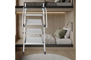 BLISIOUR Aluminum Bunk Bed Ladder, 4 Step Ladder with Adjustable Handrails Hooks, Foldable 4 Step Hook-On Bunk Bed Ladder with Folding Anti-Slip Wide Pedals for RV Caravans Lofts Dorm Double Beds (4-Steps)