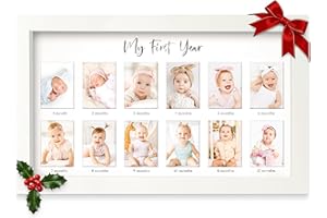 KEABABIES My First Year Photo Frame,12 Months Baby Picture Frame for Newborn Girl,Boy-Baby Shower Gifts Keepsakes,Monthly Baby's One Year Birthday Milestone,1st Nursery Photo Collage Display Board(Alpine White)