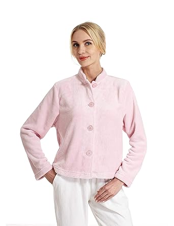 Raikou Bettjäckchen Damen Hausjacke Micro Coral Fleece Bettjacke Cardigan Strickjacke mit Knopflelste warm Sehr weich elegant