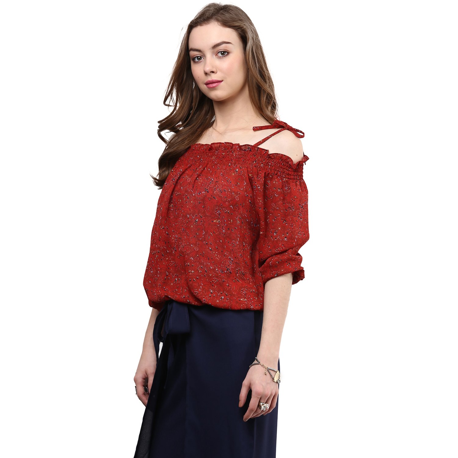 rare rust red printed off-shoulder blouson top (ep1001a)