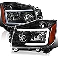 Spec-D Tuning Black Headlights w/LED Light Bar Compatible with 2004-2015 Nissan Titan, 2004-2007 Armada, Left + Right Pair Headlamp Assembly