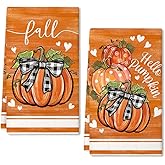 ARKENY Hello Pumpkin Fall Kitchen Towels Set of 2,Heart Autumn Dish Towels 18x26 Inch Drying Dishcloth,Thanksgiving Farmhouse Home Decorations AD391