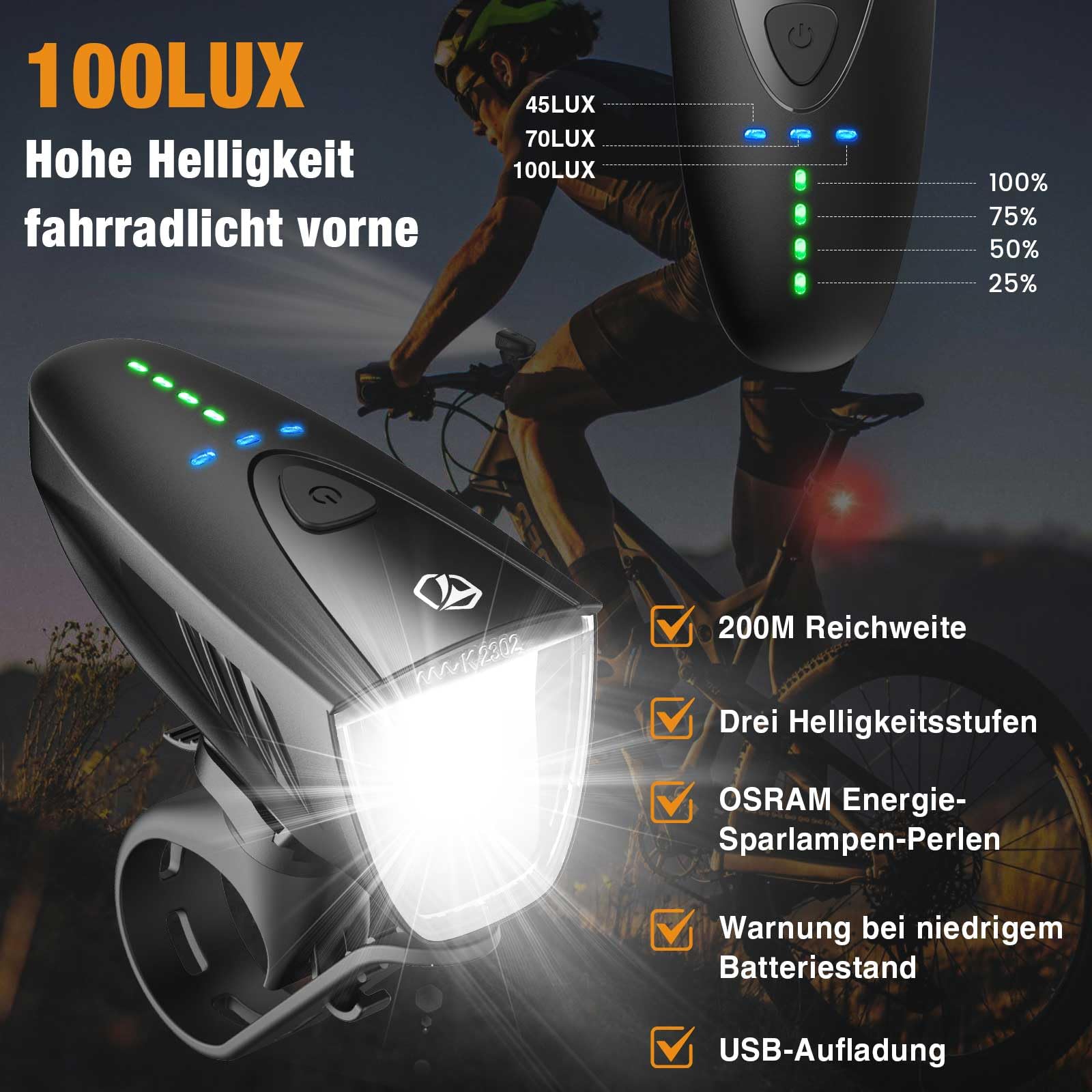 toptrek Fahrradlicht Set 100LUX, Fahrradbeleuchtung Set USB Aufladbar, Fahrradlampe StVZO Zugelassen, Fahrrad Lichter Led Set IPX5 Wasserdicht Vorne Frontlicht & Rücklicht Set… (100 LUX) 2