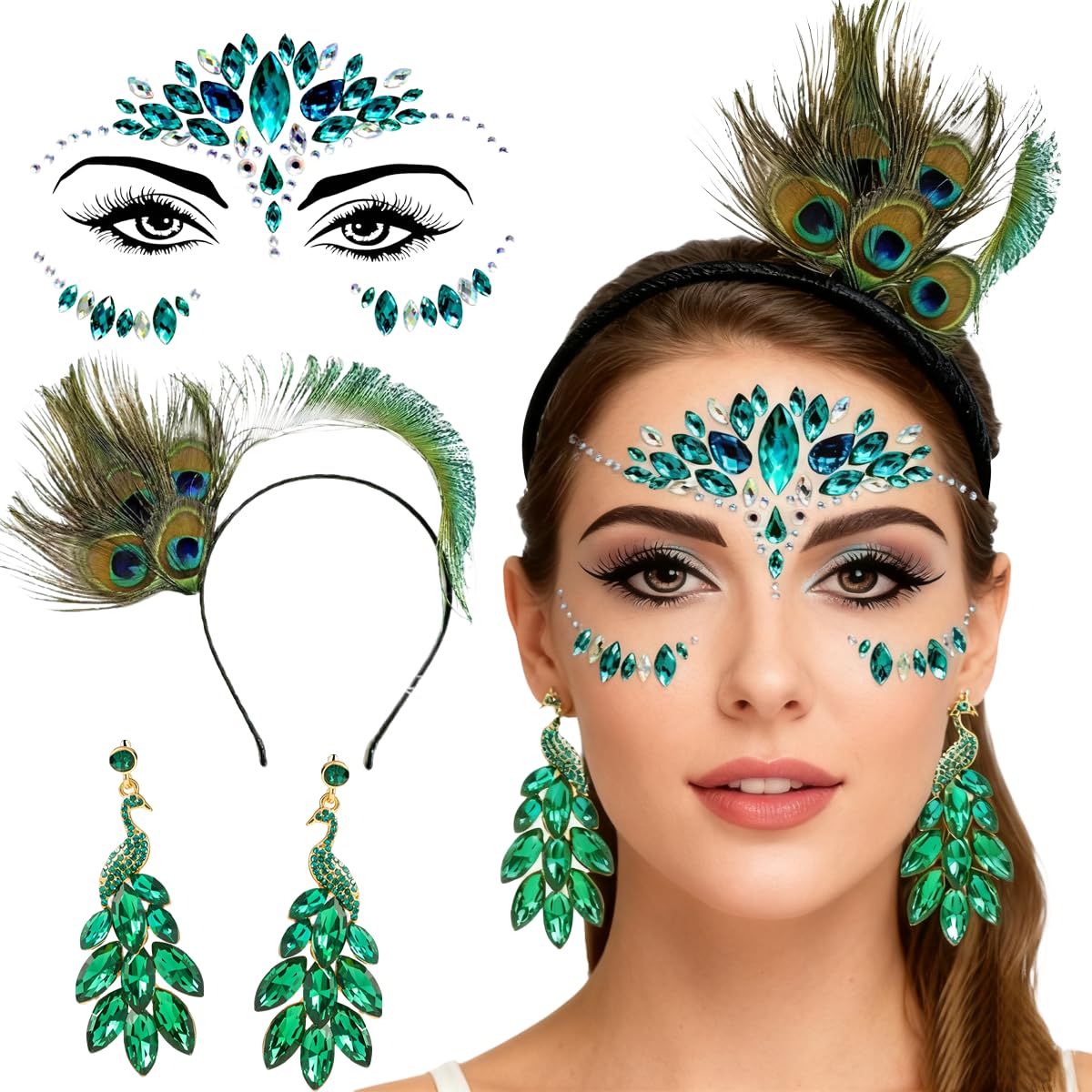 EduPlayte Peacock costume for women, feather wrist cuffs with peacock eyelashes and peacock hair accessories,bracelets, feather costume,accessories for Halloween, Carnival, Cosplay