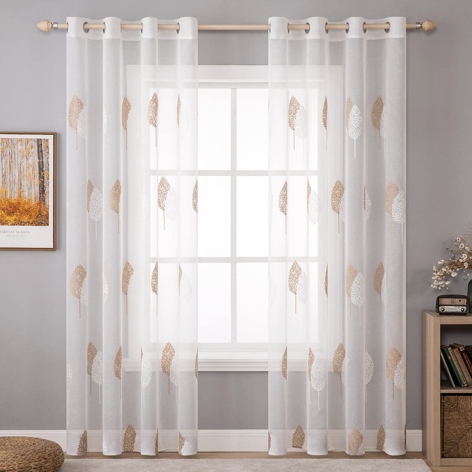 MIULEE Leaves Embroidery Sheer Curtains Grommet Window Curtain Semi Voile Drapes Panels with Eyelets Window Treatments for Living Room Bedroom Big Leaves Brown 2 Panels 55" W x 85" L