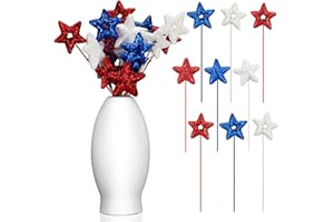 Yuxung 36 Pcs 4th of July Foam Glitter Star Picks 2.3 x 7.9'' Red, White and Blue Star Stems Patriotic Independence Day Decor Patriotic Floral Picks for Flower Arrangements Home Decorations
