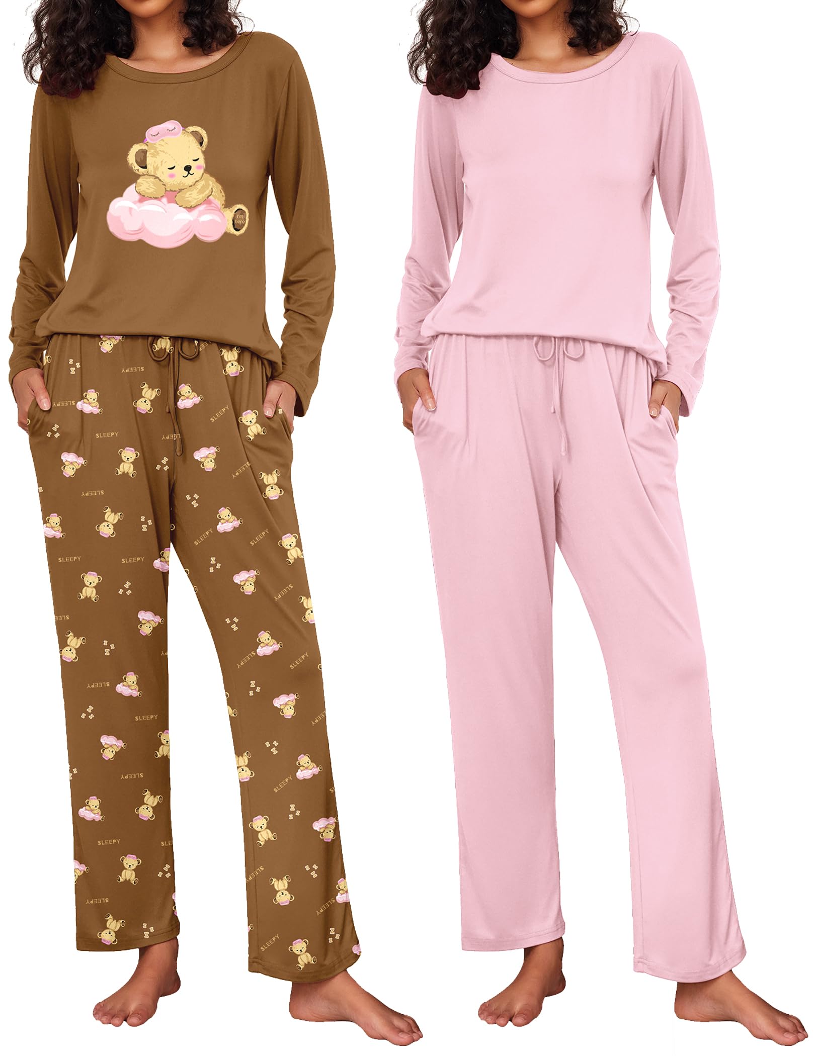 Ekouaer 2 Pack Womens Pajama Sets Long Sleeve Pjs Lounge Set Soft Comfy Sleepwear Winter Loungewear,Pink/Brown Teddy,Medium Image