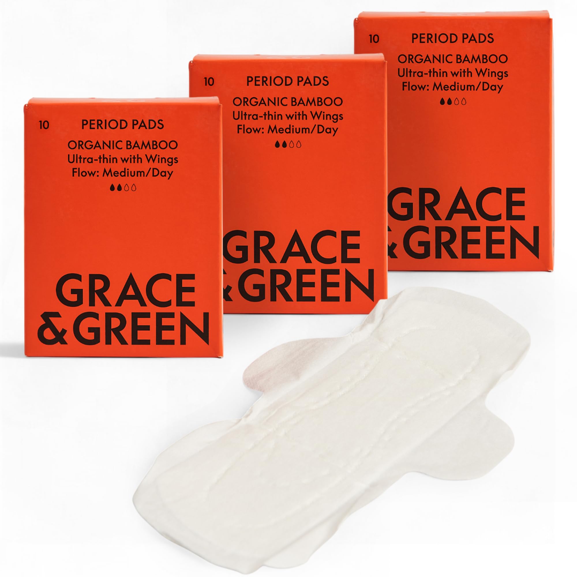 Grace & Green 30 Daytime Organic Bamboo Pads - Medium Flow | Comfortable Secure Fit with Wings | Sustainable Pads & Biodegradable Packaging | Eco-Friendly Period Protection | B-Corp Certified