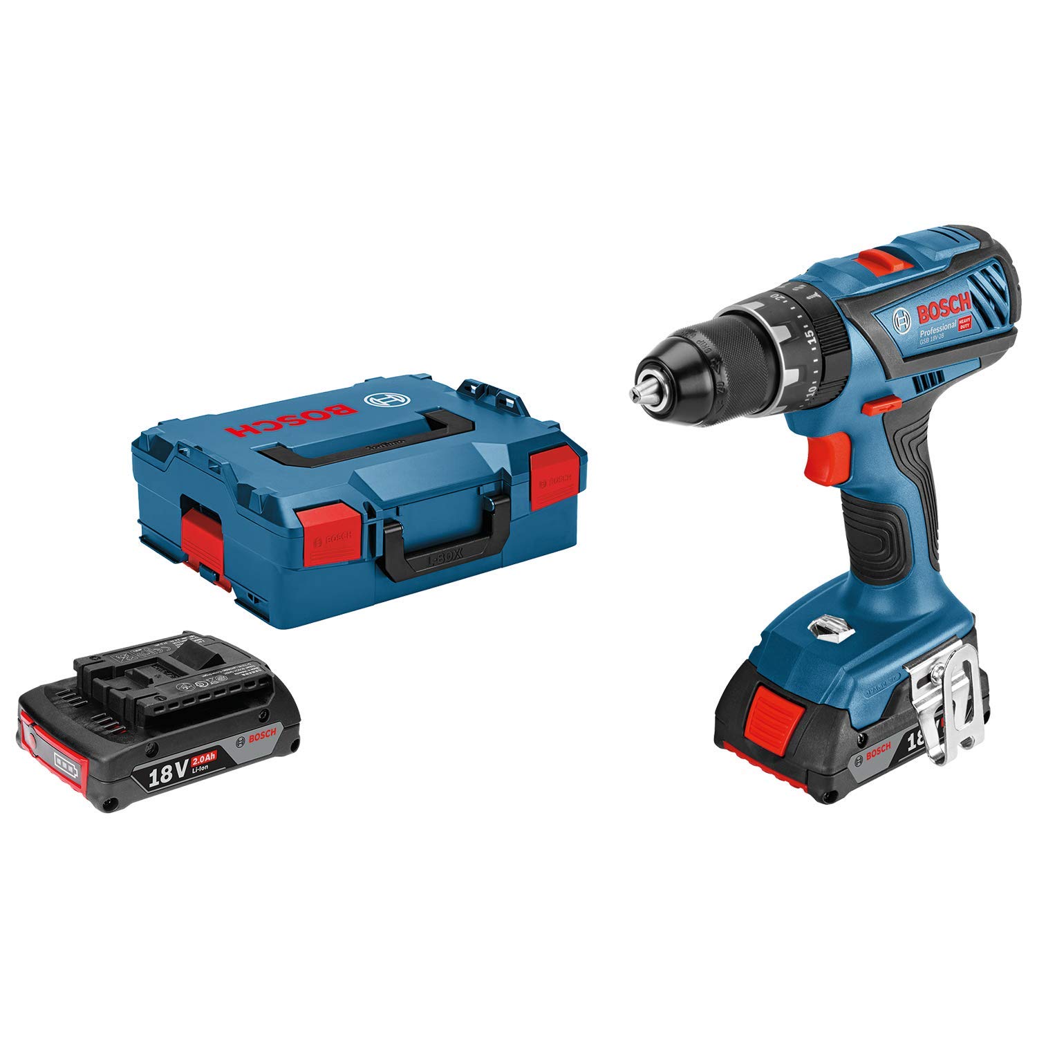 Bosch Professional GSB 18V-28 18V System Cordless Hammer Drill with 2x 2.0 Ah Batteries, Charger AL 1820 CV, in L-Boxx