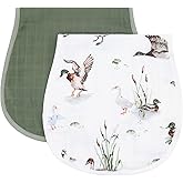 LifeTree Muslin Baby Burp Cloths - 2 Pack 70% Viscose from Bamboo and 30% Cotton Large 22'' by 10'' Absorbent Milk Spit Up Rags - Burping Cloths for Newborn, Girls Boys, MallardDuck & Olive