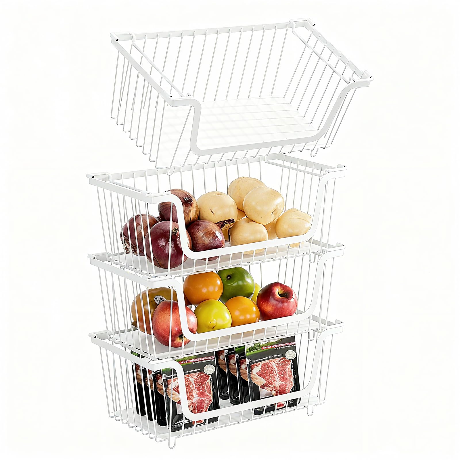 Photo 1 of GAOKASE 4 Pcs Stackable Wire Baskets for Pantry Organizers and Storage,Vegetable Fruit Basket for Countertop,Kitchen Storage Metal Baskets,Produce Potato Onion Storage Bin,White