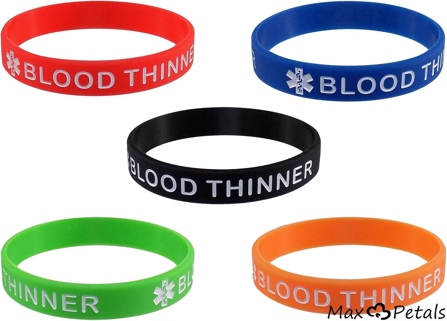 Max Petals 5 Pack - Blood THINNER Silicone Bracelet Wristbands, Orange,Blue,Green,Red,Black, 8 inch - Image 4