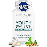 PUREHEALTH RESEARCH Youth Switch - Anti Aging Supplement with Ashwagandha Extract 600 mg KSM-66 - Longevity Activator - Telomere Supplements - Disrupt & Reverse Aging, 1 Bottle - 60 Capsules