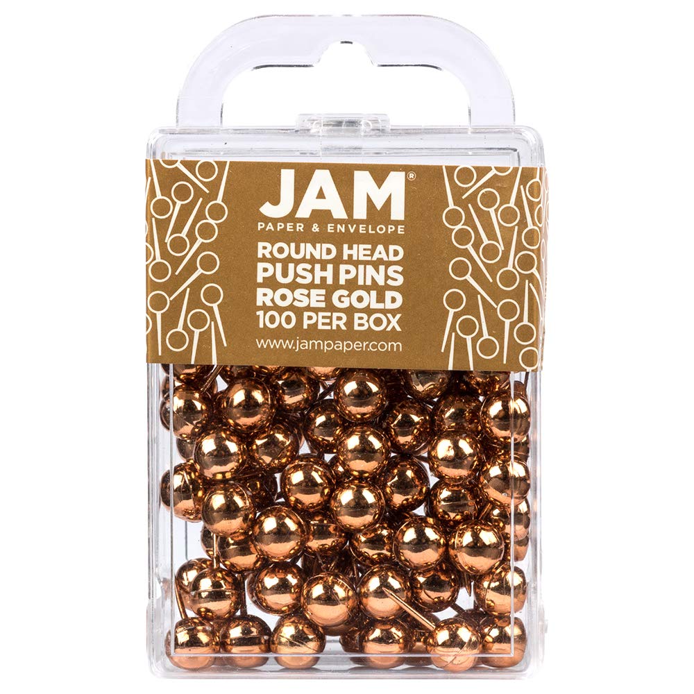 JAM PAPER Colourful Push Pins - Round Head Map Thumb Tacks - Rose Gold Pushpins - 100/Pack