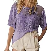 Women's Sexy Lace Mesh Tops Short Sleeve Round Neck Floral Embroidered Sheer Blouse See Through Layering Shirt Tops