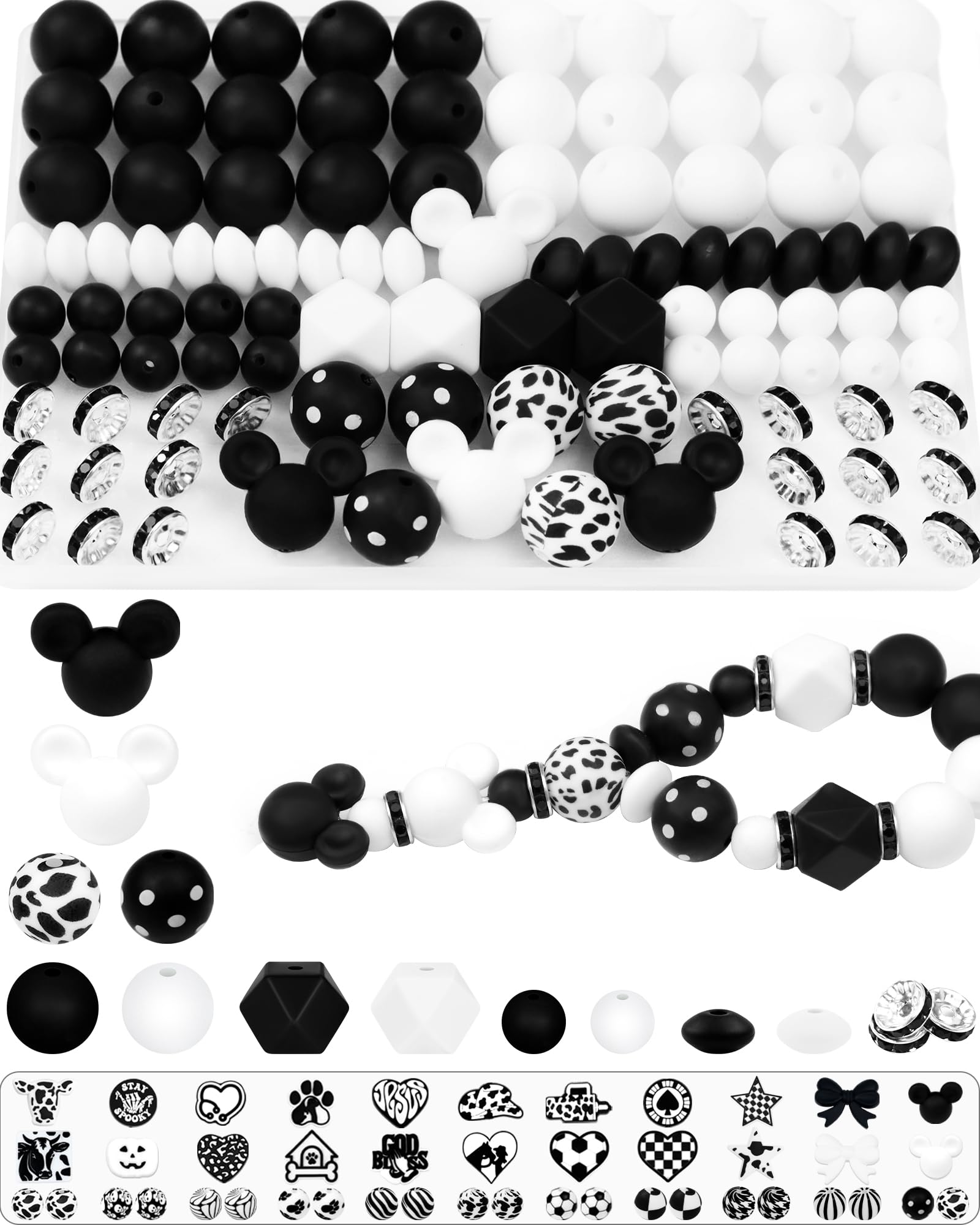 Photo 1 of 106PCS FIVEIZERO Black & White Focal Silicone Beads for Keychain Making – Mouse, Round, Lentil, Hexagon & Rhinestone Spacer Beads for Pens, Bracelets & DIY Crafts (Mouse Style)