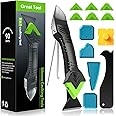 Caulking Tool 5 in 1 Silicone Caulking Grout Removal Sealant Finishing Tool with Grout Scraper, 6 Exchange Silicone Pads, Adh