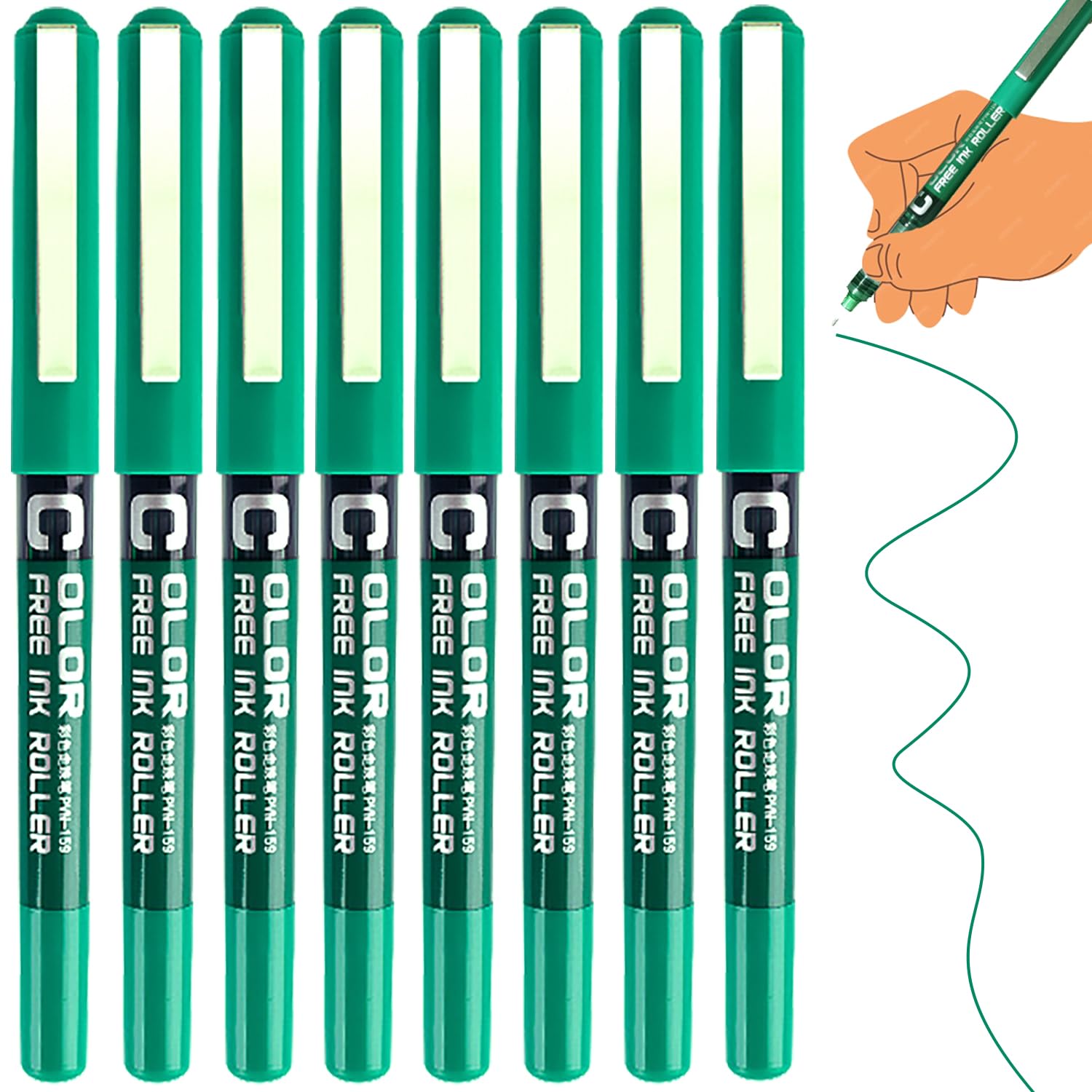 8 Green Pens Rollerball Pens, 0.5mm Ink Pen Gel Pen for Writing, Quick Dry Green Writing Pen for Office, Biro Fine Multipack