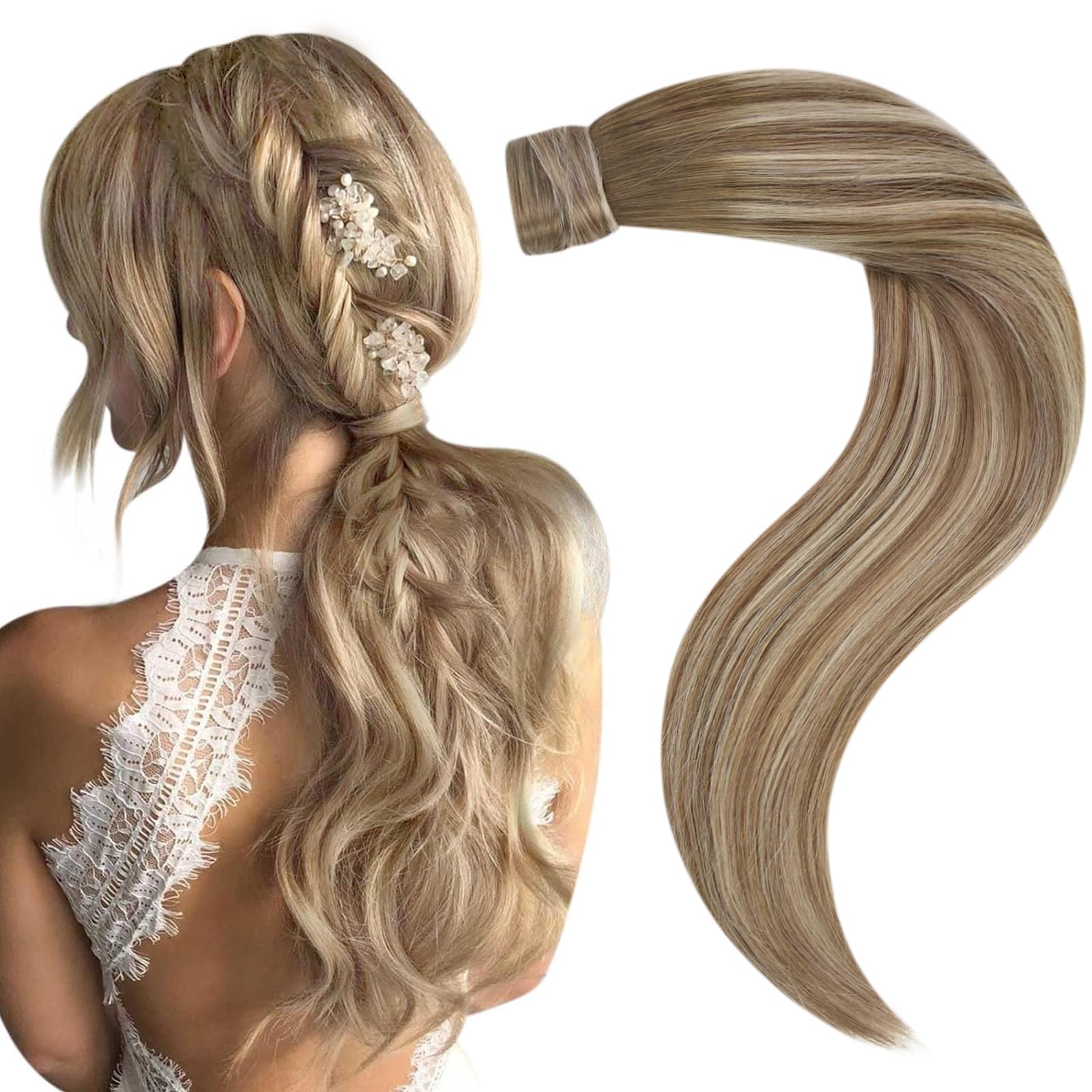 Easyouth Balayage Human Hair Extensions Ponytail Ombre Ponytail Hair Extensions Real Human Hair Dark Brown to Light Brown and Medium Blonde Clip in Ponytail Extension Human Hair 14 Inch 70g — image 1
