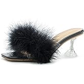 Heiyom Women's Square Toe Low Stilettos Heels Mules Sandals Fluffy Feather Slip on Clear Low Heels Wedding Bridal Party Dress Shoes