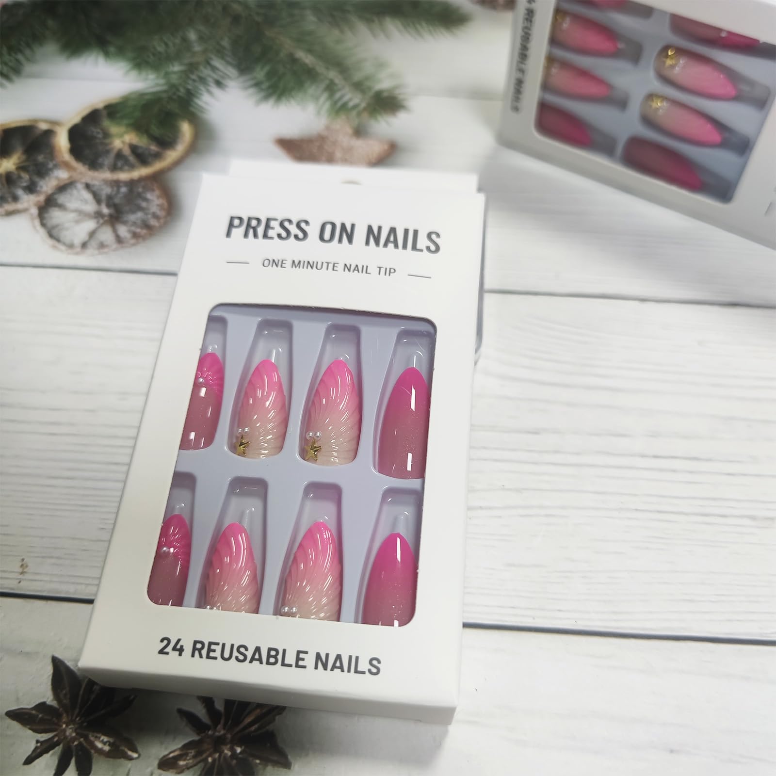 Green French Press on Nails 3D Curve Line Stick on Nails Ocean Shell Design Starfish Acrylic Fake Medium Almond Nails 24 Pcs Glossy Pink Gradient False Nails Stars Gel Glue on Nails for Women Girls - Image 8