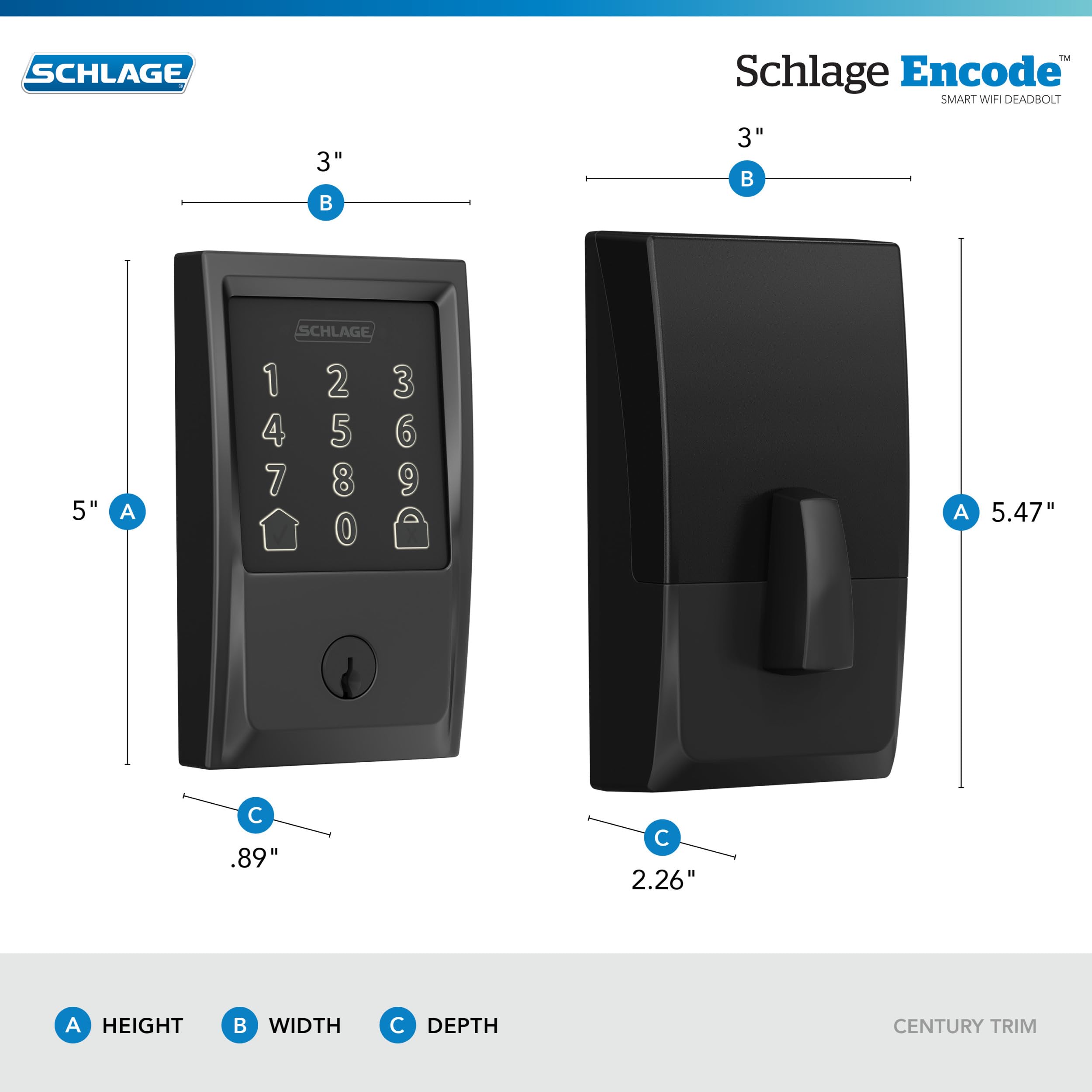 Schlage Encode Smart WiFi Deadbolt Lock for Front Door - Keyless Entry with App or Touchscreen - Works with Alexa, Hey Google, & Airbnb - Create Codes for Guests - Matte Black - View 3