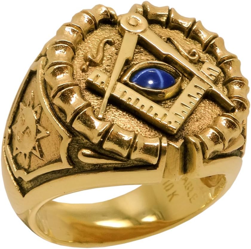 UNIQABLE Handcrafted Solid 10K Yellow Gold Blue Star Sapphire Custom Made Masonic All Seeing Eye Ring KTR 020 Y10K