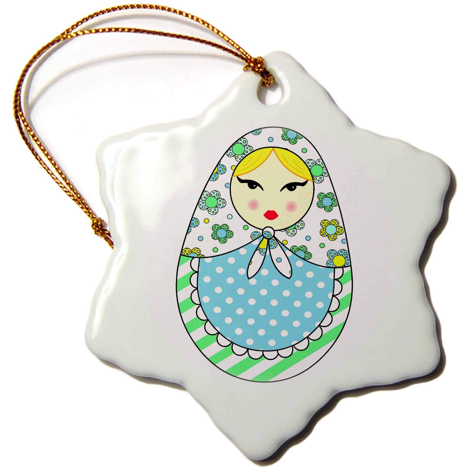 3 inch Snowflake Porcelain Ornament - Cute Russian Matryoshka Nesting Doll Blond Hair - Cool Colors White Designs Dolls