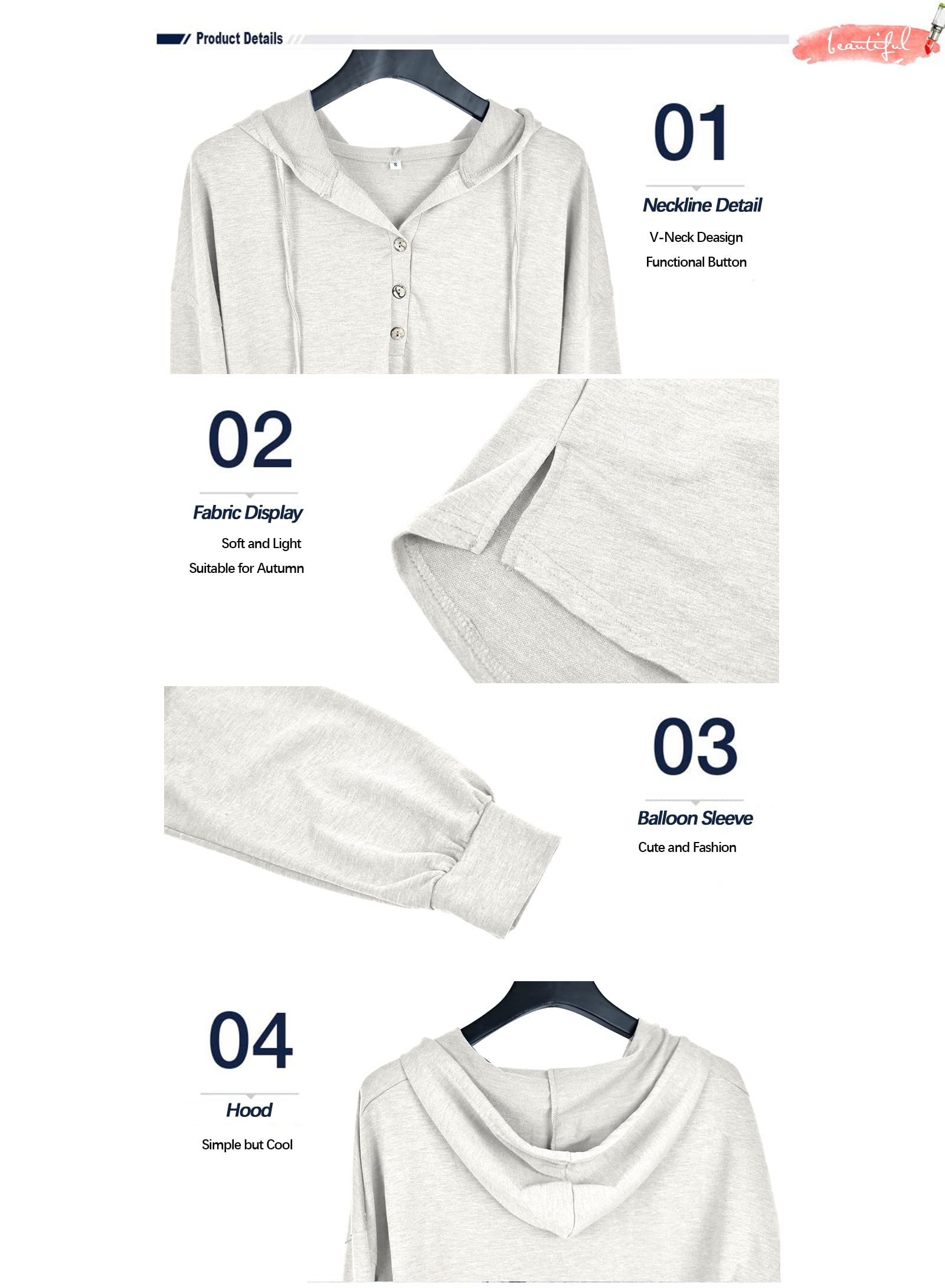 PLOKNRD Kapuzenpullover Damen Langarm Knöpfen Pullover mit Kordelzug Freizeit V-Ausschnitt Hooded Henley Sweatshirt Klassisch(Cremeweiß, L)