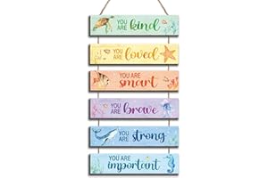 Kadiak 6 Pcs Ocean Decor Kids Room Placards of Wood Decor, Watercolor Ocean Inspirational Positive Quotes Wall Art Hanging Sign for Kids Teens Children Bedroom Princess Toddler Room Nursery Dorm