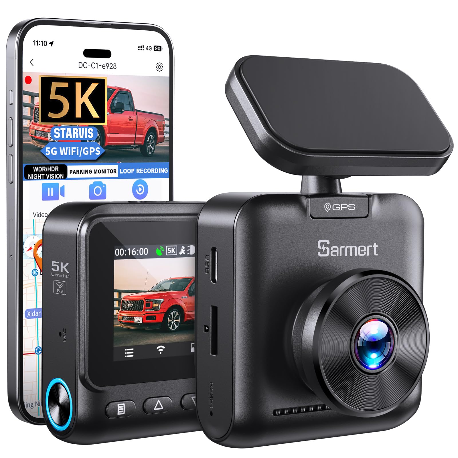 Sarmert C1 5K Dash Cam Front - Built-in GPS and 5G WiFi, Sony STARVIS Sensor, HDR Night Vision Car Camera, 5K/4K/2.5K UHD Dash Camera for Cars, Loop Recording, WDR, G-Sensor, 24H Parking Mode