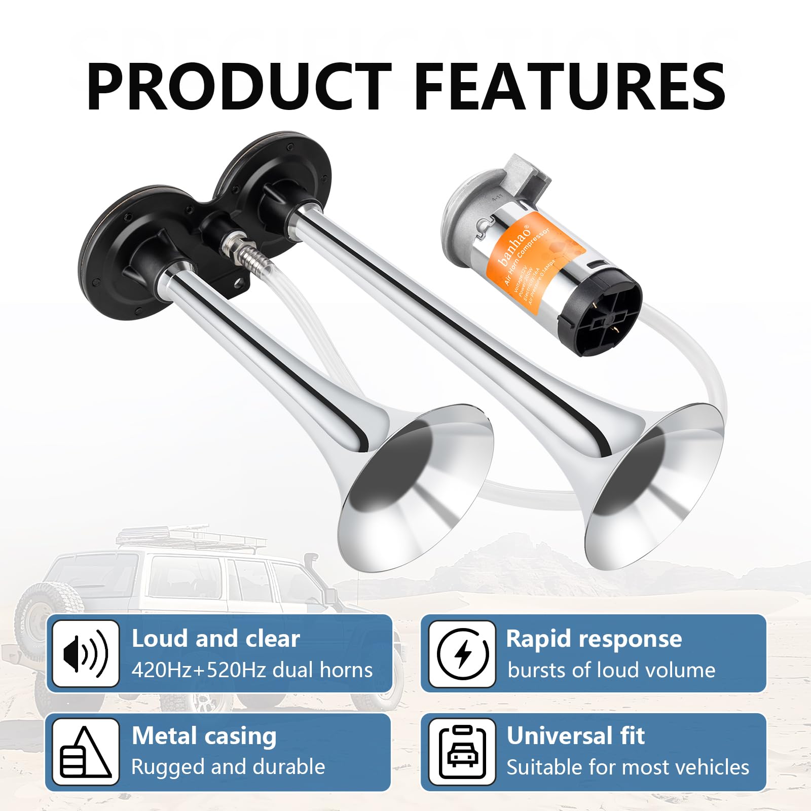 150DB Air Train Horn kit for Car, Banhao Super Loud Twin Tone Chrome Plated Zinc Dual Trumpet with Compressor for Any 12V Trucks Lorrys Trains Vans Boats (Chrome)