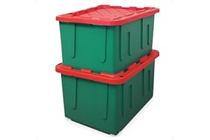 HOMZ 2-Pack Durabilt, Heavy Duty Plastic Storage Bins with Lids, 27 Gallon, Green/Red - Stackable Container Boxes for Holiday, Attic, and Garage Organization