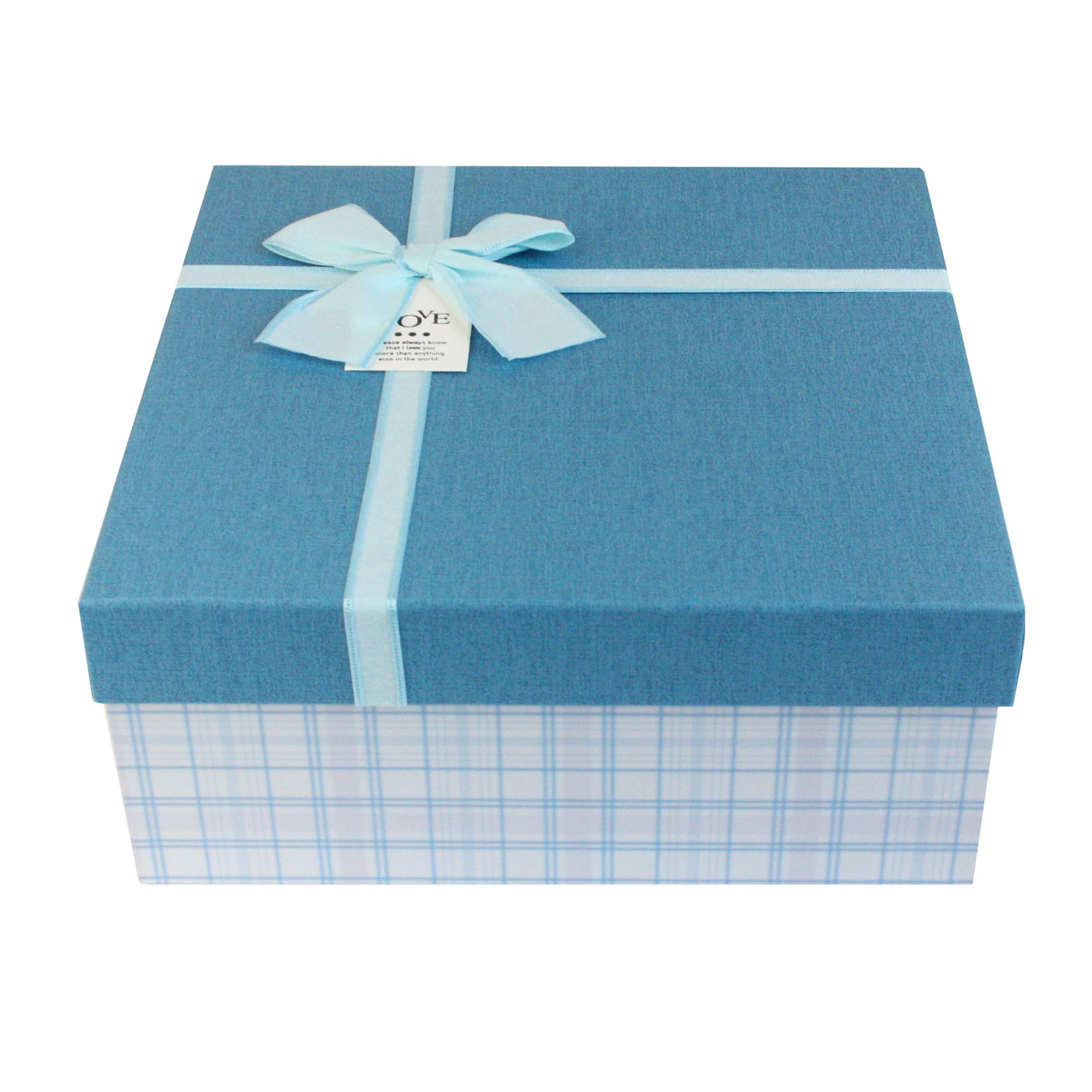 Emartbuy Gift Box, 26.5 x 26.5 x 11 cm, White Chequered Box with Blue Lid and Decorative Bow Ribbon