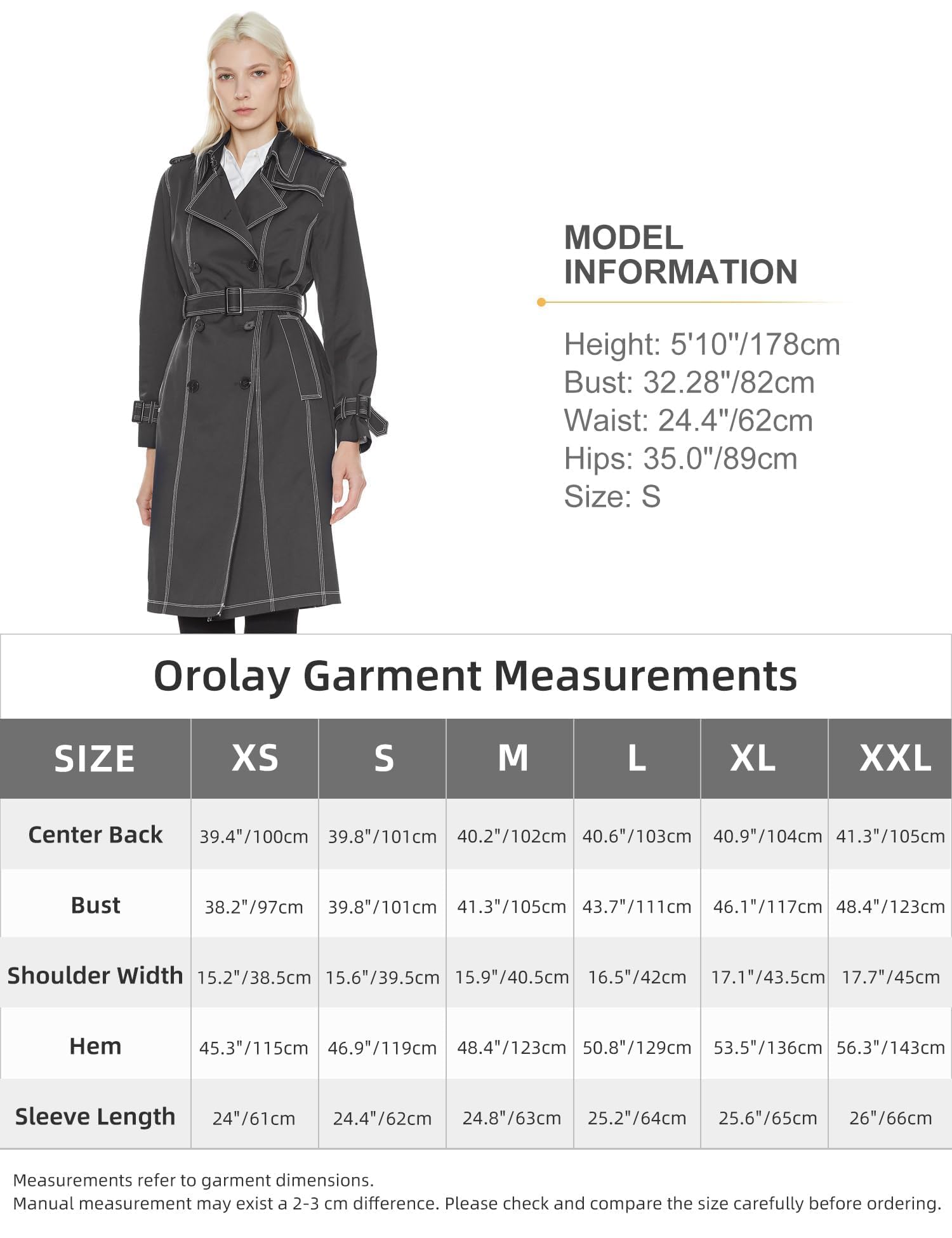 Orolay Women's Mid-Length Trench Coat Double-Breasted Classic Lapel Windbreaker Water-Resistant Belted Overcoat