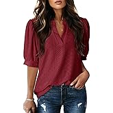 Dokotoo Womens Summer Business Casual Blouses V Neck Short Sleeve Shirts Hollow Out Cute Lace Tops