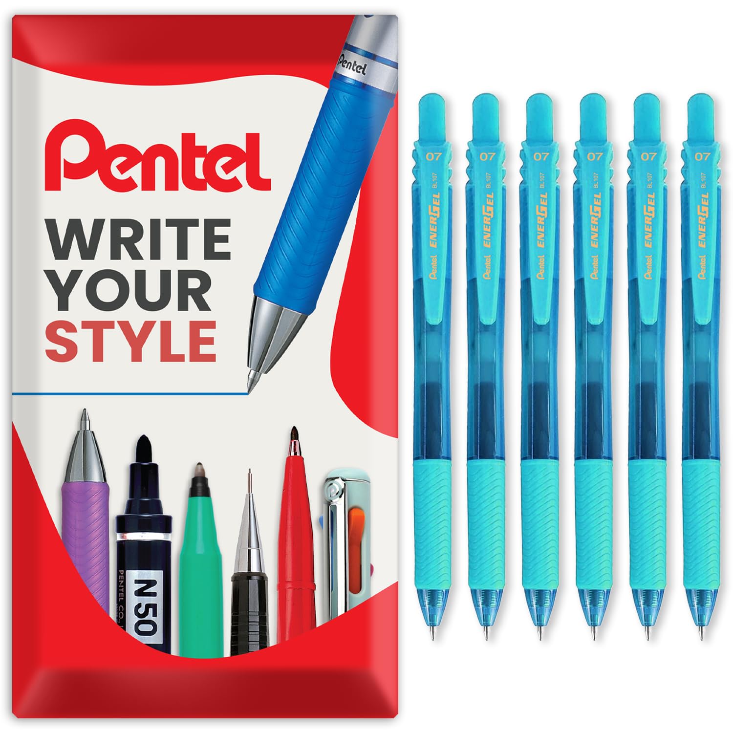 Pentel Energel X BL107 Retractable Gel Rollerball Pens - 0.7mm Nib - Pack of 6 in Envelope Gift Packaging (Turquoise) — image 1