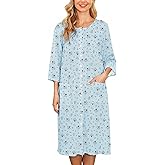 Bloggerlove House Dress Women Cotton Snap Front Nightgown 3/4 Sleeve Housecoat Duster Robe with Pockets Moomoo Patio Dress
