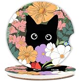 Cute Black Cat Car Coasters for Drinks Absorbent, 2 Pack Cup Holders, 2.56