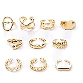 YEOSMINE 10pcs Chunky Gold Rings For Women Non Tarnish, Stackable Adjustable Rings Set For Teen Womens Dome Braided Twisted Round Signet Open Band Ring Jewelry Accessories Gift Size 6-8
