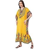 Divine threads Women African Print Kimono Cover Up V Neck Batwing Sleeve Plus Size Beach Kaftan Dresses Brown