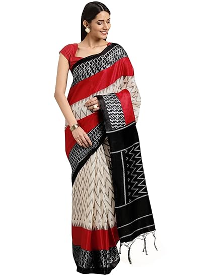 Poly Silk Red & White Printed Womens Saree With Tassels