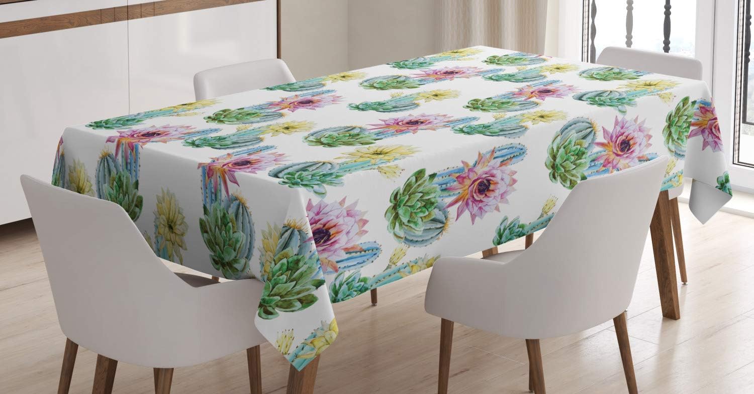 ABAKUHAUS Cactus Tablecloth, Mexican Plant Cactus, Dining Room Kitchen Rectangular Table Cover, 54 W X 94 L, Pink Green and Blue