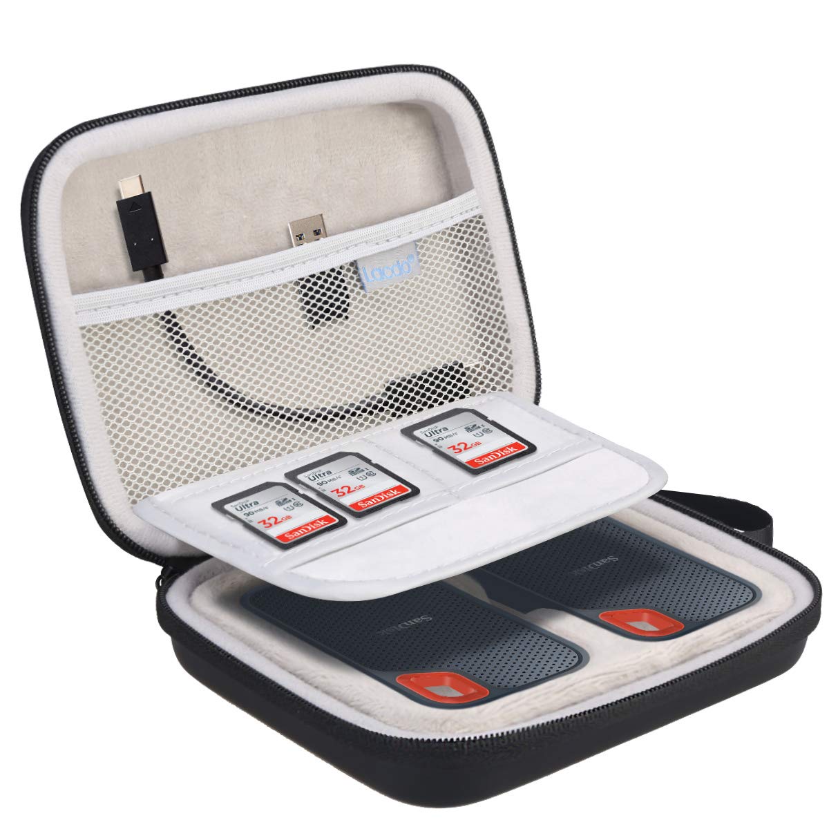 Lacdo 2-in-1 External Hard Drive Carrying Case for SanDisk Extreme Portable SSD SDSSDE60-G25 / G-Technology G-Drive Mobile SSD 250G 500G 1TB 2TB USB 3.1 USB-C Shockproof Travel Storage Bag, Black