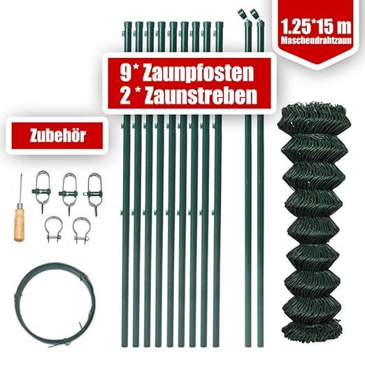 DXP Garten Maschendrahtzaun Komplettset Gartenzaun Zaunset 1,25 x 15 m