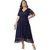 SCOMCHIC Womens Plus Size Wedding Guest Dress Formal Lace Wrap V Neck High Low Short Sleeve Cocktail Maxi Dresses XL-4XL