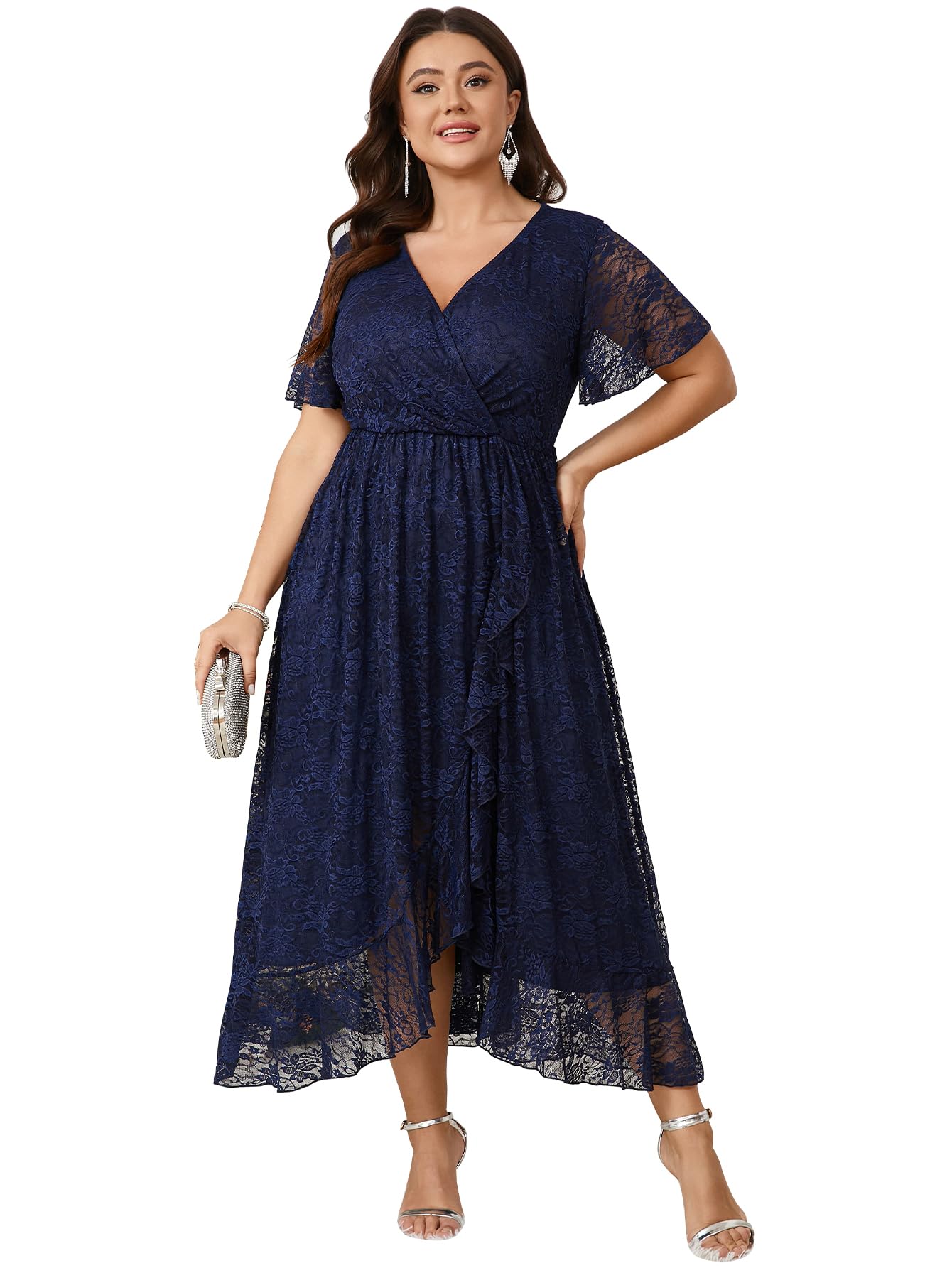 Photo 1 of (2XL) (BAGGED) SCOMCHIC Womens Plus Size Wedding Guest Dress Formal Lace Wrap V Neck High Low Short Sleeve Cocktail Maxi Dresses 2XL Navy Blue
